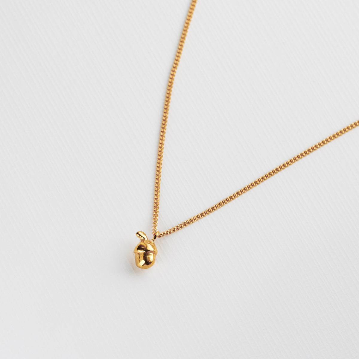 Gold acorn necklace on white background